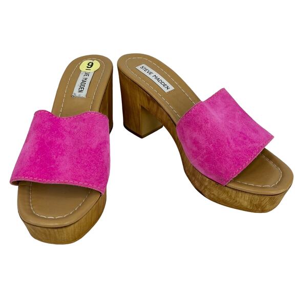 Steve Madden Neon Pink Block Heels Slides Sandals 9 Platform y2k - Picture 2 of 10